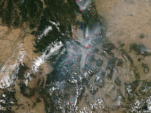 Imagen MODIS del humo levantado por incendios activos en Idaho y Montana (EE.UU.) y Alberta (Canadá).