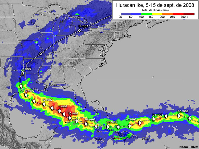 Imagen compuesta del TRMM de la NASA que muestra la lluvia depositada por huracán Ike mientras duró.