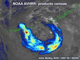 Producto de sustracción de canales del AVHRR que muestra la nube de cenizas generada por la erupción del volcán Kasatochi el 8 de agosto de 2008.