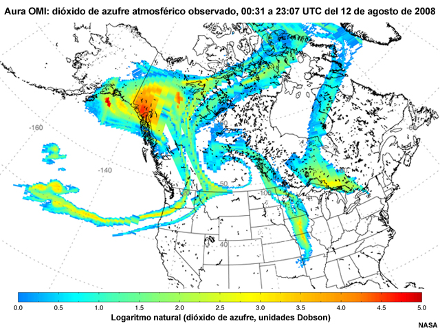 Impresionante nube de SO2 generada por Kasatochi, un volcán de las islas Aleutianas, que abarca la mayor parte de Canadá y parte de Estados Unidos (detectada por el instrumento de observación del ozono de la NASA).