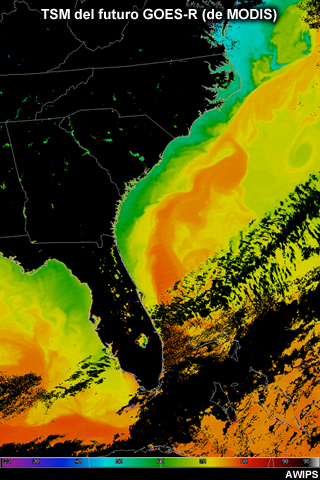 Temperaturas de la superficie del mar de la costa del Atlántico de los Estados Unidos obtenidas por MODIS. Se observan muchos remolinos en la Corriente del Golfo.