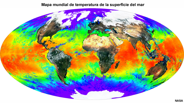 Mapa mundial de la temperatura de la superficie del mar detectada por MODIS (Terra y Aqua) promediada para todo el año 2000.