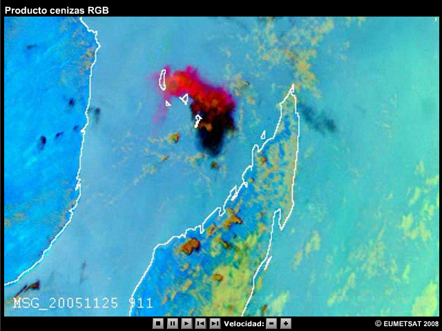 Animación del producto cenizas de Meteosat-8 de la erupción del volcán Karthala, en el noroeste de Madagascar. La nube de cenizas es de color magenta, las nubes atmosféricas tienen tonos pardos y el SO2 es verde.