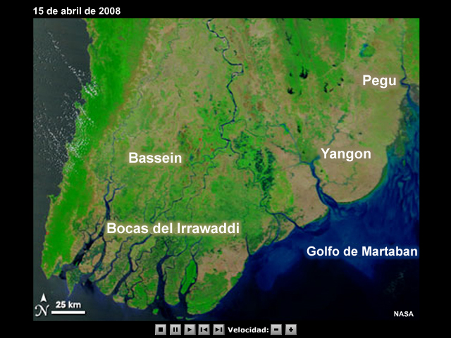 Animación de imágenes MODIS en color real tomadas antes y después del paso de ciclón Nargis por Myanmar. La última imagen muestra un mapa de la escena que identifica las regiones inundadas mediante un filtro de comparación de la condiciones antes y después del evento.