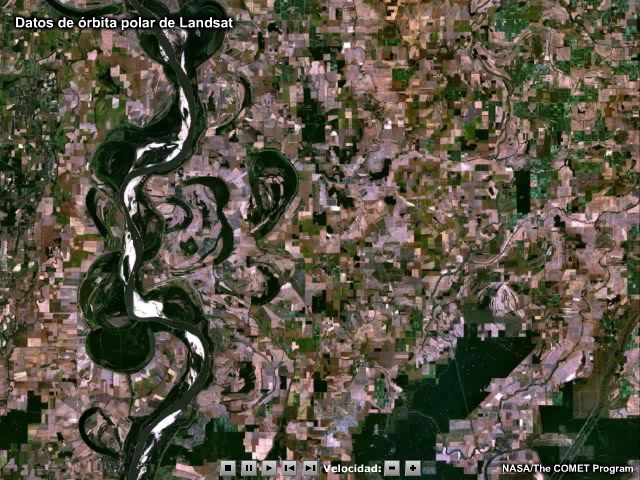 Animación de imágenes del satélite Landsat en órbita polar ampliadas a resolución plena para mostrar la cuenca del río Misisipi en Luisiana y luego alejadas para ilustrar la enorme diferencia entre los datos de alta resolución obtenidos desde órbita polar y las de resolución más baja del GOES.