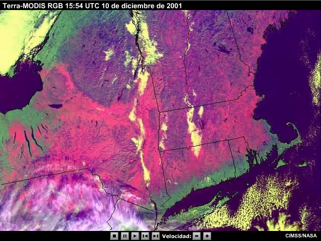Animación una imagen MODIS visible y una imagen MODIS RGB que muestra manto de nieve (magenta), nieve en bosques (morado), niebla (amarillo) y suelo desnudo (verde).