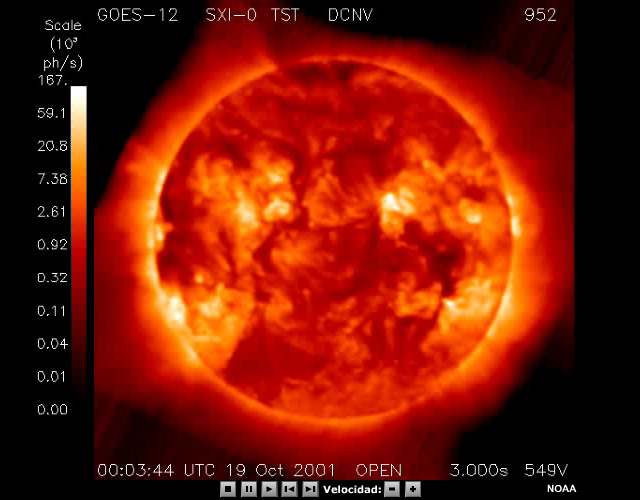 Animación de la actividad solar observada durante 50 días con el instrumento SXI del GOES-12.