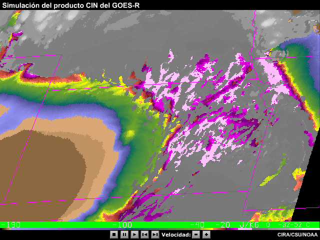 Animación de productos simulados del producto de inhibición convectiva (Convective Inhibition, CIN) del GOES-R para un evento de tormenta que ocurrió en Kansas del 25 de mayo de 2000.