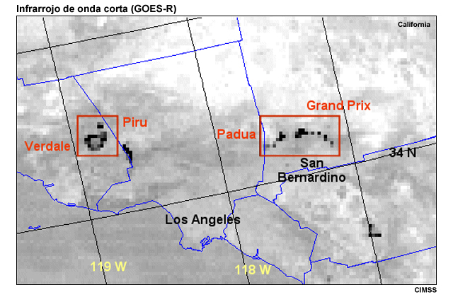 Simulación de una imagen infrarroja de onda corta del GOES-R que muestra incendios en el sur de California (EE.UU.).