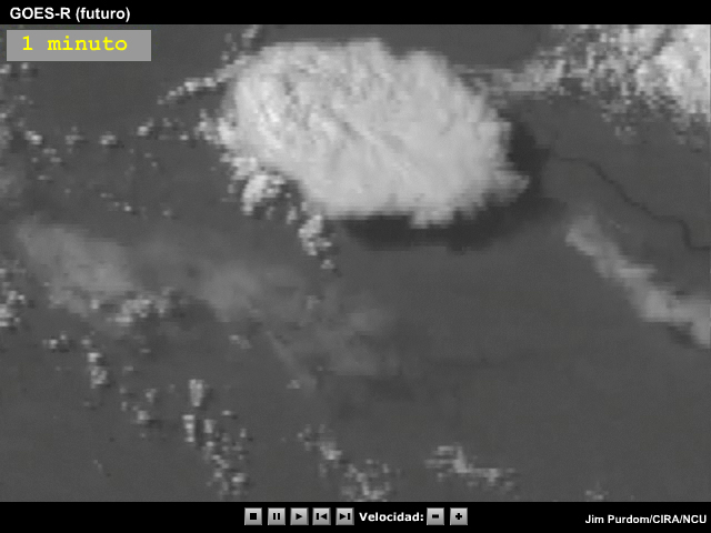 Animación de imágenes satelitales en el visible de una supercélula tomadas por el GOES-11 que simulan la resolución de 1 minuto del GOES-R.