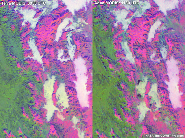 Comparación de las imágenes captadas por dos satélites en órbita polar que muestran, en falso color, la formación de niebla en Grecia. Entre la primera y la segunda imagen transcurrió poco más de hora y media. La próxima vez que un satélite sobrevoló la zona no fue sino 9 horas más tarde, y para entonces la niebla se había disipado completamente.