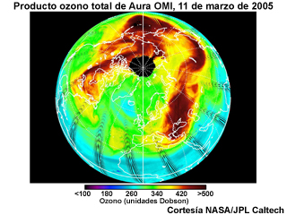 Producto ozono total de Aura OMI sobre las regiones árticas, 11 de marzo de 2005.