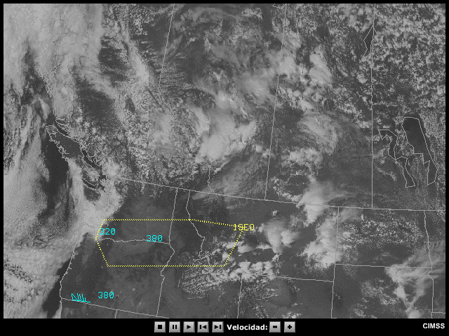 Animación de imágenes satelitales en el visible e informes SIGMET para los estados del norte de los Estados Unidos. La animación muestra una nube de cenizas justo al amanecer, cuando el ángulo solar es tal que la nube de cenizas es evidente desde el satélite.