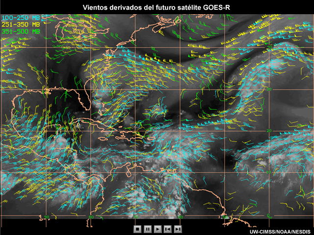 Animación de la diferencia entre los vientos derivados del satélite GOES actual y los del GOES-R. En la primera imagen, los datos son dispersos, mientras en la segunda los datos de vientos son más densos.