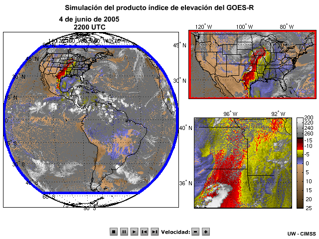 Simulación de imágenes de producto derivado del índice de ascenso del GOES-R que comparan la cobertura de disco completo, de territorio continental de los EE.UU. y de sector de mesoescala y las frecuencias de actualización para un período de dos horas el 4 de junio de 2005.