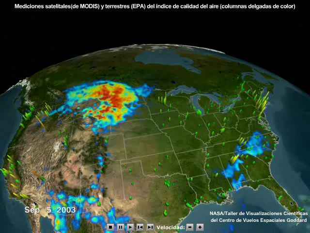 Animación de datos de calidad del aire sobre los Estados Unidos en septiembre de 2003 derivados de MODIS y de observaciones terrestres.