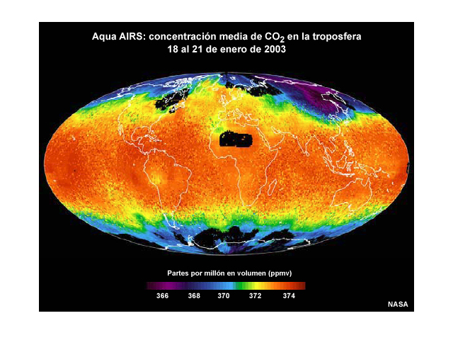 Promedio de dióxido de carbono troposférico mundial generado con Aqua AIRS entre el 18 y el 21 de enero de 2003.