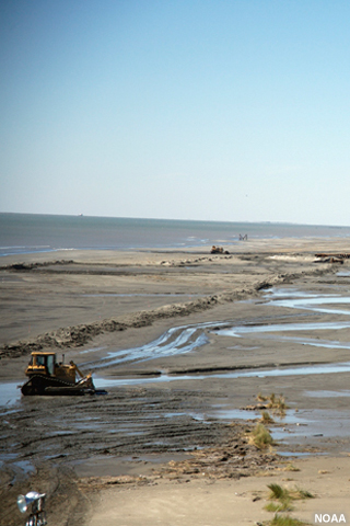 Restauración de las islas barrera después del impacto de un huracán.