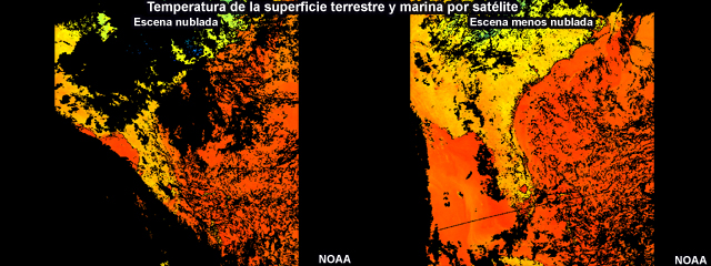 Dos vistas de las temperaturas de la superficie del mar en el sudeste de los EE.UU. desde el satélite NOAA-18. La escena de la izquierda está contaminada por el manto nuboso, dejando sólo una pequeña área en la imagen para las temperaturas de la superficie del mar. Sólo parte de la escena de la derecha está contaminada por el manto nuboso, de modo que se provecha una mayor parte de la imagen para las temperaturas de la superficie del mar.