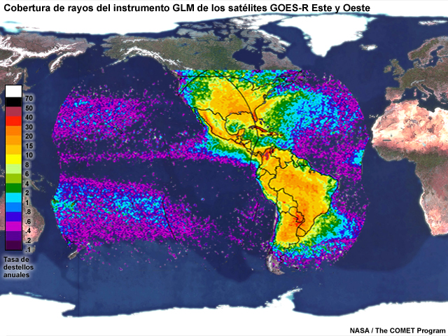Cobertura del sensor de rayos geoestacionario (Geostationary Lightning Mapper, GLM) superpuesta a un mapa mundial.