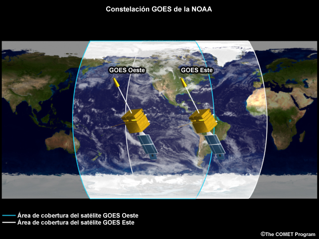 Cobertura geográfica de los satélites GOES Oeste y GOES Este.
