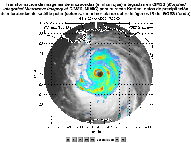 Transformación de imágenes de microondas integradas en CIMMS (Animated Morphed Integrated Microwave Images, MIMIC), con imágenes infrarrojas de los satélites GOES en el fondo, para huracán Katrina en las 24 horas antes de su llegada a tierra el 28-29 de agosto de 2005.