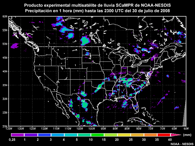 Producto experimental multisatélite de NOAA-NESDIS de estimación de la precipitación mediante datos de microondas e infrarrojos sobre los EE.UU. para el 30 de julio de 2008.