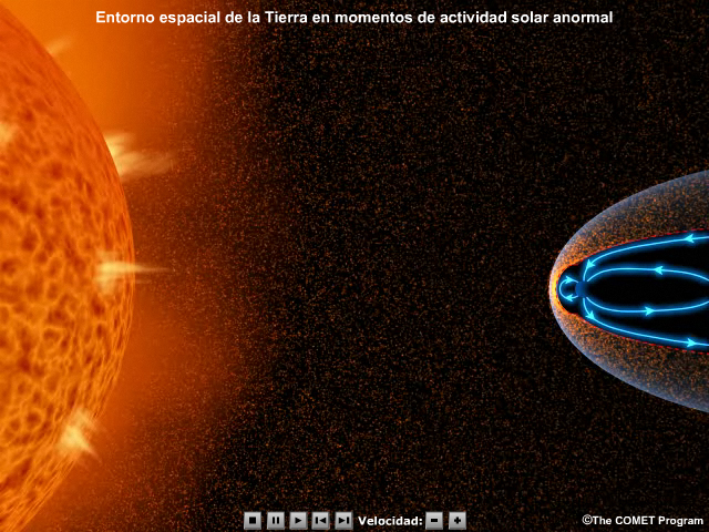 Animación conceptual del movimiento de las partículas solares en el entorno espacial de la Tierra durante una eyección de masa coronal.