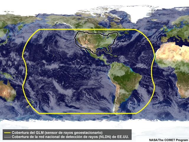 Cobertura de la red nacional de detección de rayos (National Lightning Detection Network, NLDN) de los Estados Unidos superpuesta a un mapa del mundo con una imagen satelital de tormentas y otras nubes