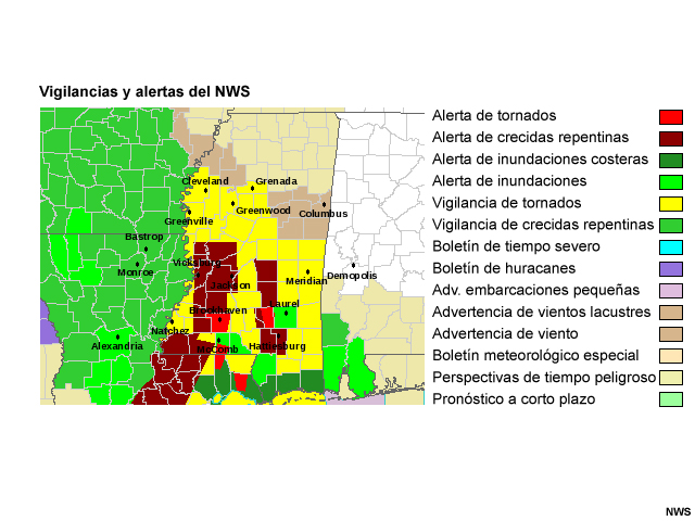 Vigilancias y alertas que cubrían la zona de alertas del National Weather Service en Jackson, Misisipi durante la llegada a tierra del huracán Gustav a la costa de Luisiana el 1 de septiembre de 2008.