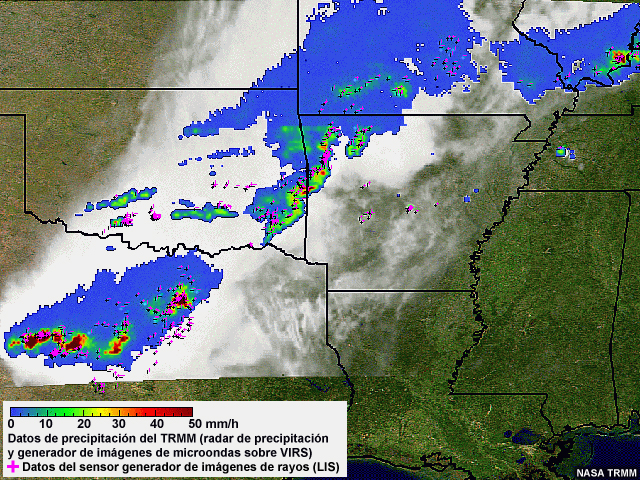 Observaciones en el infrarrojo de un complejo de tormentas en la región del centro sur de los EE.UU. a las 0629 UTC del 14 de mayo de 2005 desde el TRMM: la reflectividad radar y las descargas de rayos del radar de precipitación satelital están superpuestas a una imagen infrarroja del radiómetro VIRS del TRMM