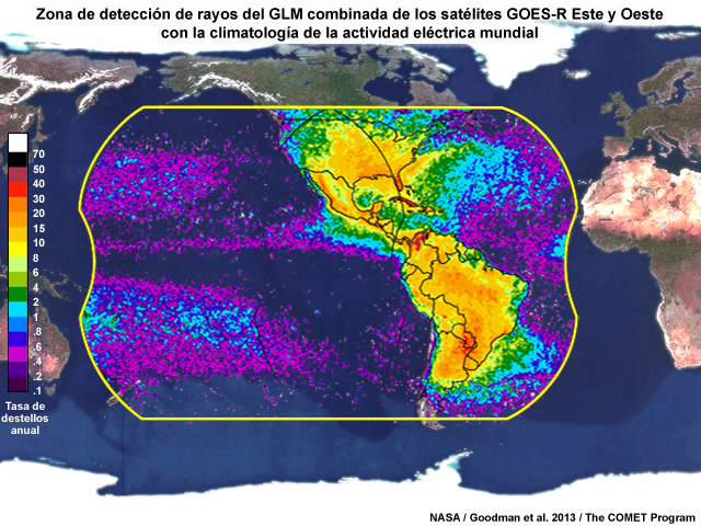 Cobertura de rayos del sensor de rayos geoestacionario (Geostationary Lightning Mapper, GLM) superpuesta a un mapa del mundo