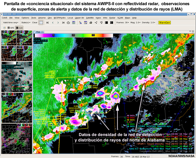 Pantalla de conciencia situacional de AWIPS-II con mosaico de reflectividad radar, observaciones de superficie y zonas de alerta, con los datos de densidad de la red de detección y distribución de rayos (LMA) del norte de Alabama superpuestos.