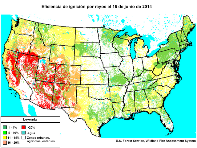 Mapa del territorio contiguo de los EE.UU. que muestra la eficiencia de ignición por rayos para el 15 de junio de 2014