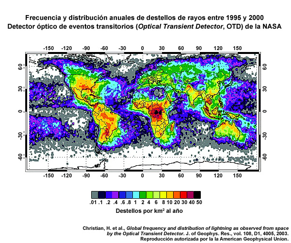 Distribución anualizada de la actividad de rayos total detectada por el detector óptico de eventos transitorios (Optical Transient Detector, OTD) de la NASA a bordo del microsatélite en órbita polar Orbview-1 (antes llamado MicroLab-1) entre el 4 de mayo de 1995 y el 21 de marzo de 2000