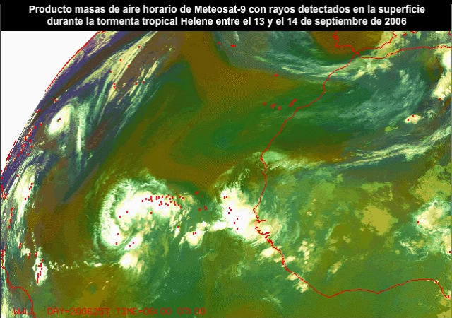 Hourly animation of the Meteosat-9 SEVIRI airmass RGB product and surface based lightning during tropical storm Helene from 13 to 14 September, 2006.