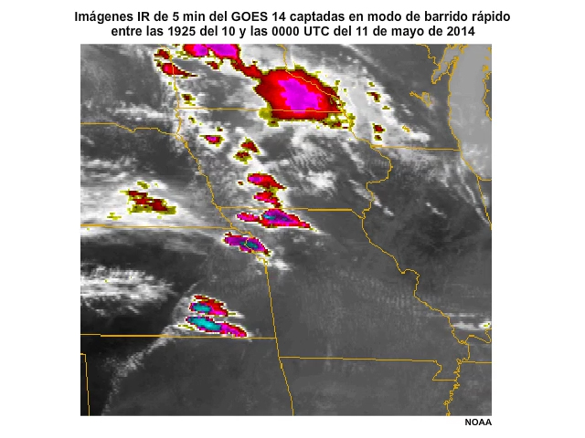 Animation of 5-minute GOES-14 infrared rapid scan imagery showing rapid development of deep convection across the Midwest on the afternoon of 10 May, 2014.