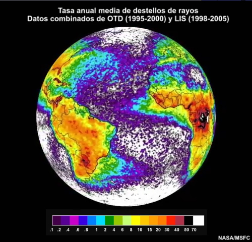 Animation showing average annual lightning flash rate around the world made from the Orbview-1 OTD (Optical Transient Detector, 1995-2000) and TRMM LIS (Lightning Imaging Sensor, 1998-2005).  Color variations show the average annual number of flashes per square km.