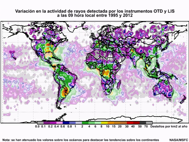 Annual global lightning flash rate density (number of flashes per square km per year) based on Microlab-1 OTD and TRMM LIS flashes observed and satellite viewing time from April 1995 to December 2002.