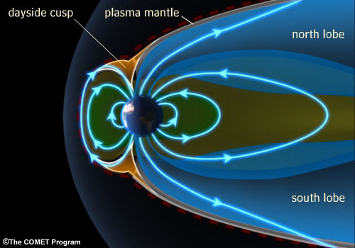 Dayside cusp, plasma mantle, and magnetotail lobes.
