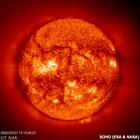304 angstrom EIT image of the Sun's upper chromosphere. Credit: SOHO (ESA & NASA).