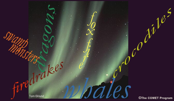Aurora photo with names of different mythic beasts. dragons, firedrakes, whales, crocodiles, swamp monsters, foxfire.