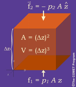 Pressure differences between the top and bottom faces of a fluid element.
