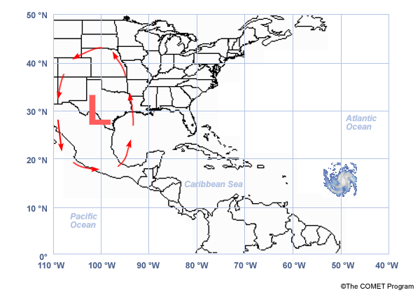 Map with the hurricane in the Atlantic Ocean and a low pressure system over Texas.