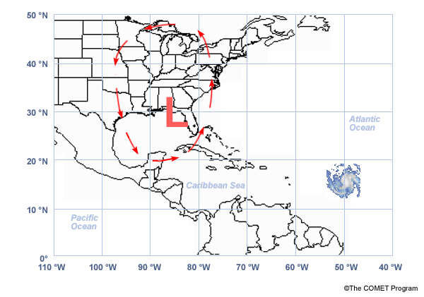 Map with the hurricane and a low pressure system