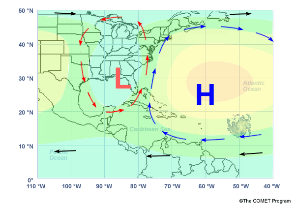 Map with a hurricane, low pressure system and a high pressure system