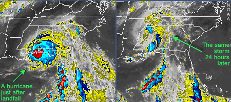 Two satellite images showing a hurricane just after landfall and the remnants of the hurricane 24 hours later.