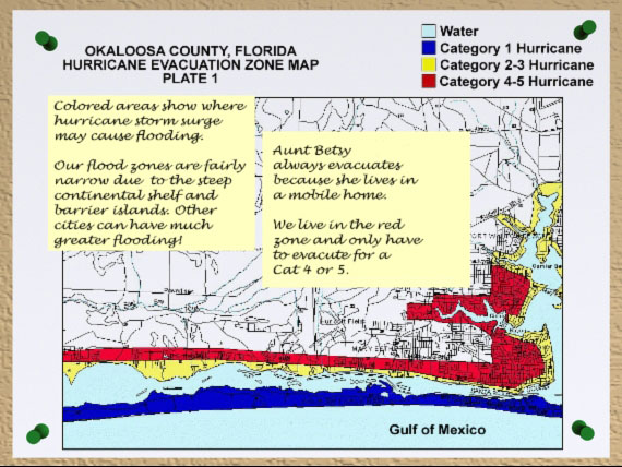Hurricane Evacuation Zone Map for Okaloosa County, Florida.