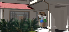 Three people on the front porch.