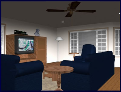 The Castillo's living room, with lights on and the Weather Forecast showing on the TV.
